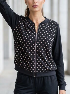 BCBGMAXAZRIA Polka Dot Mixed Media Bomber Jacket Sheer Sleeves